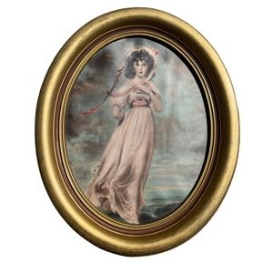 Vintage Victorian Era Style Pinkie By Sir Thomas Lawrence Oval Framed Lithograph